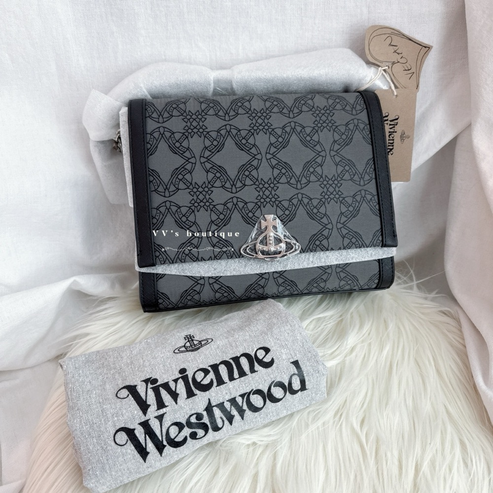 NWT Vivienne Westwood Lucy Jacquard Logo Medium Crossbody Bag Black Grey 131693